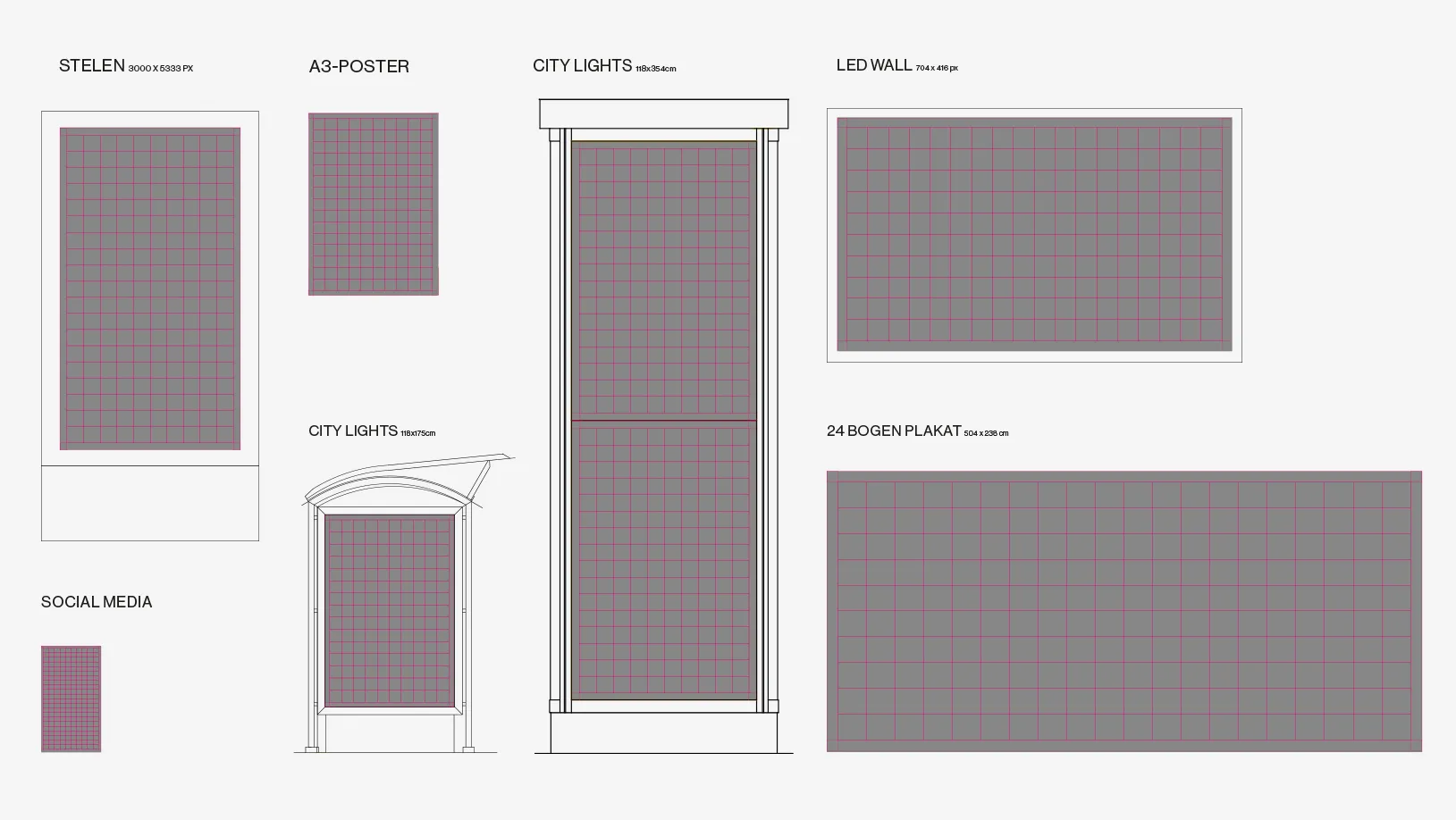 Grid Design System für den Prater Wien. Übersicht einiger Anwendungsbeispiele