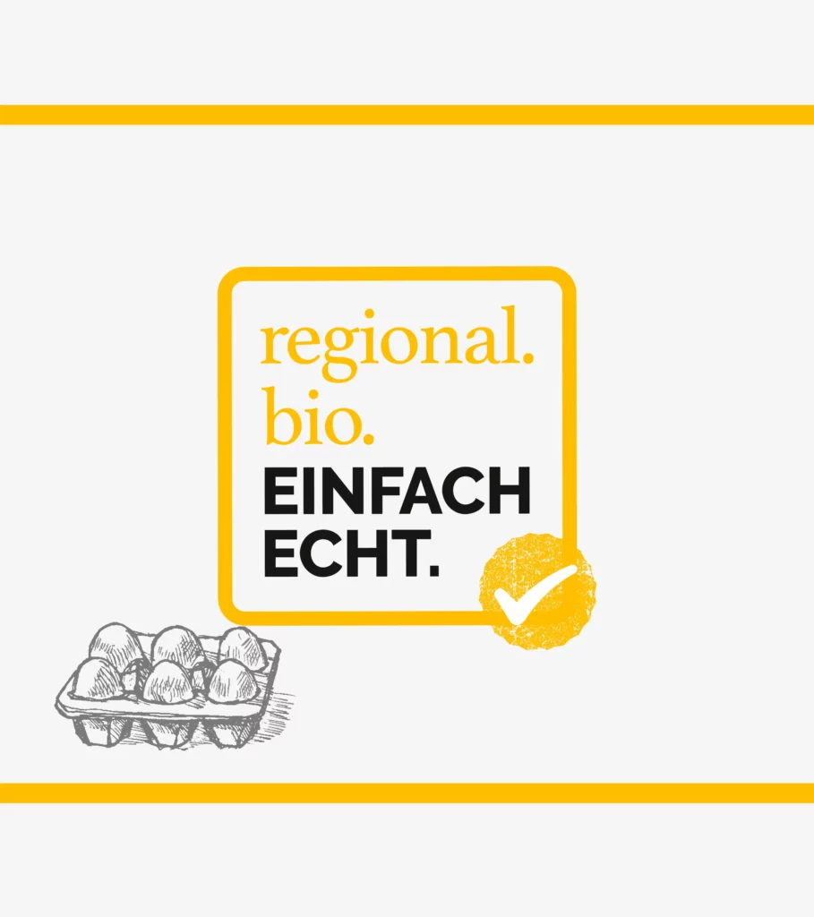 Layout Baustein zur Gestaltung der Website es zeigt Illustrationen vom Siegel regional. bio. einfach echt.