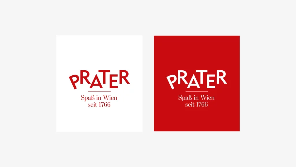 Prater Logo Variationen in rot auf weiß und in weiß auf rot