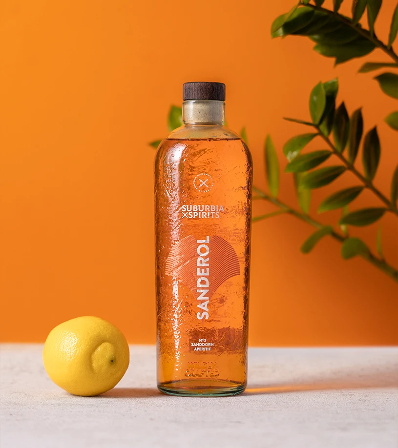 Sanderol Aperitif Flasche vor orangem Hintergrund mit Pflanzen im Hintergrund