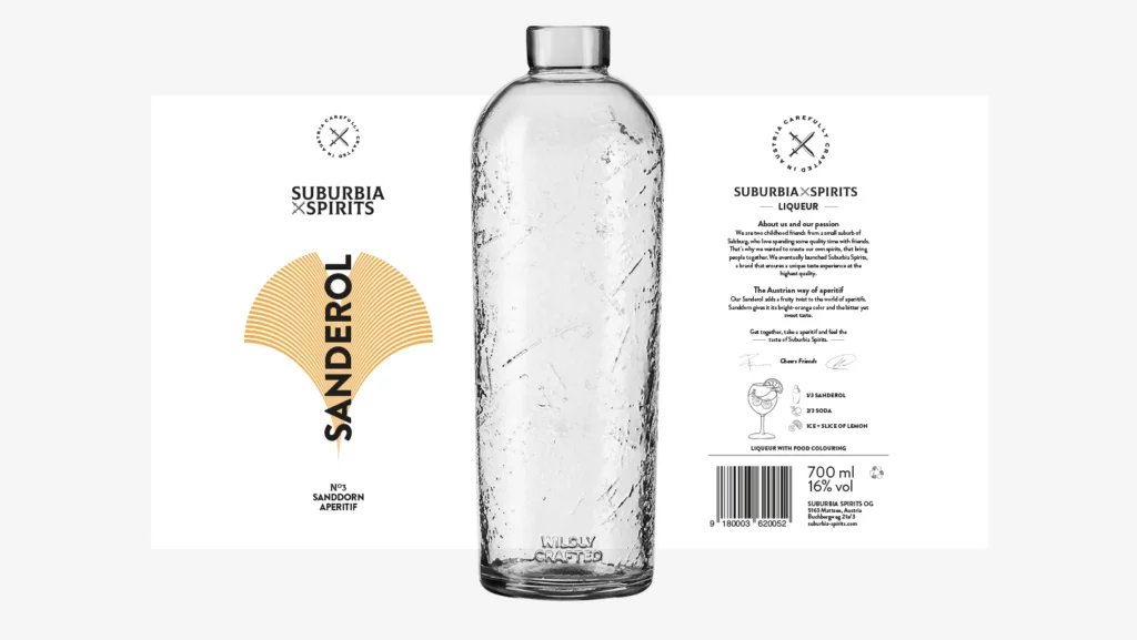 Konzept des Flaschendesigns der neuen Sanderol Aperitif Flasche für Suburbia Spirits.